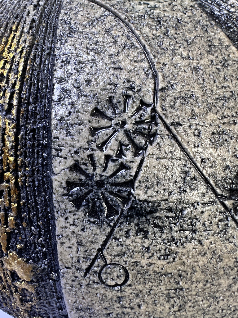 Vintage Japanese Kyoto Studio Vase, Sabi Textured Stoneware, Gold Leaf Kinsai Accents, Ash Drip Rim, Handmade