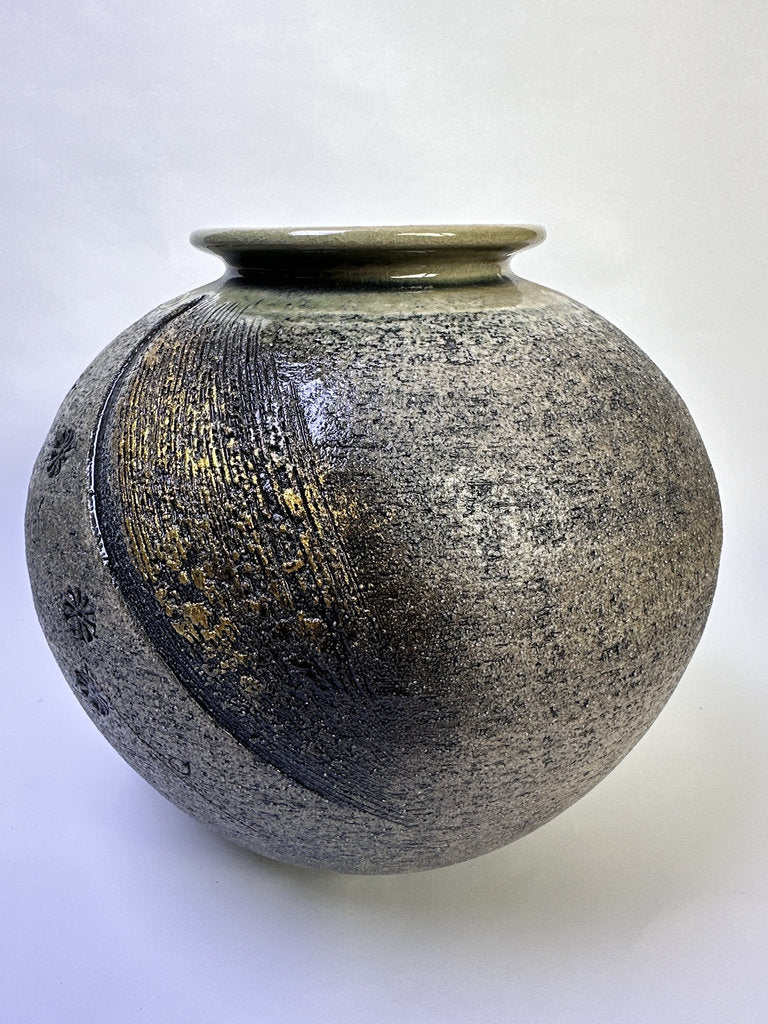 Vintage Japanese Kyoto Studio Vase, Sabi Textured Stoneware, Gold Leaf Kinsai Accents, Ash Drip Rim, Handmade