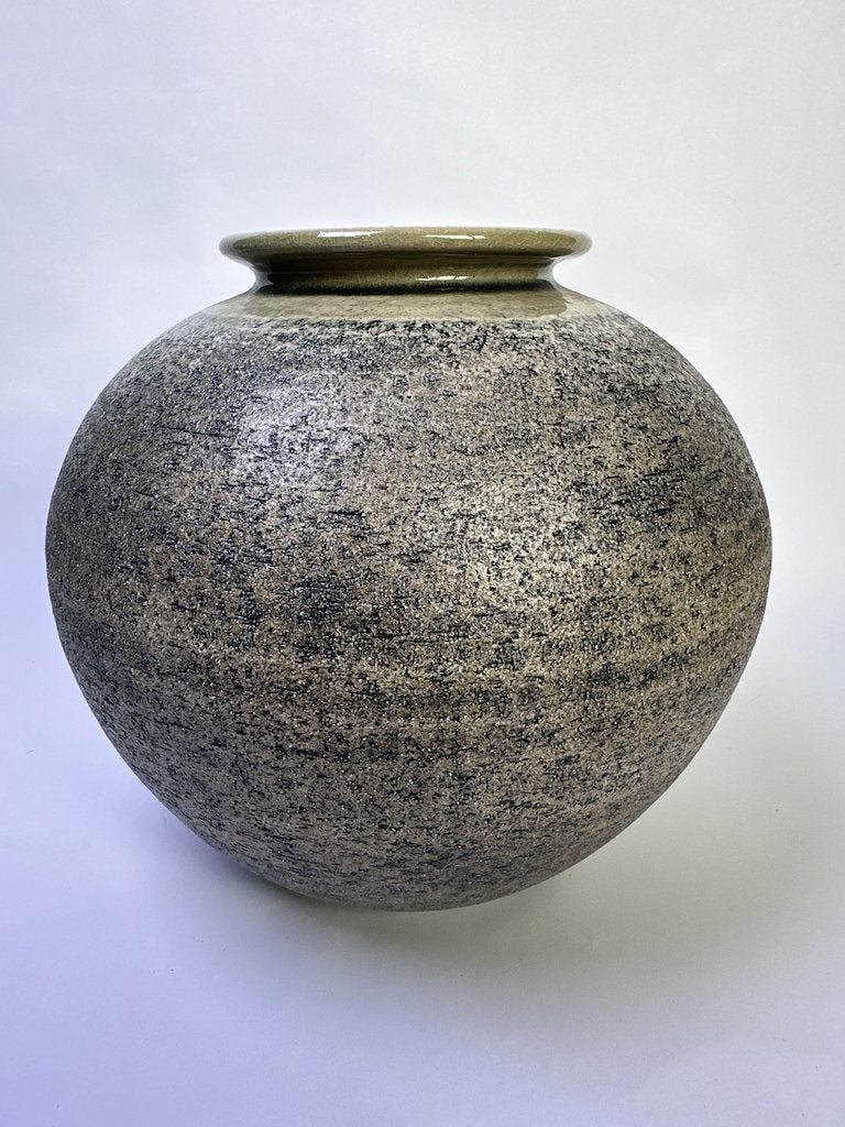 Vintage Japanese Kyoto Studio Vase, Sabi Textured Stoneware, Gold Leaf Kinsai Accents, Ash Drip Rim, Handmade