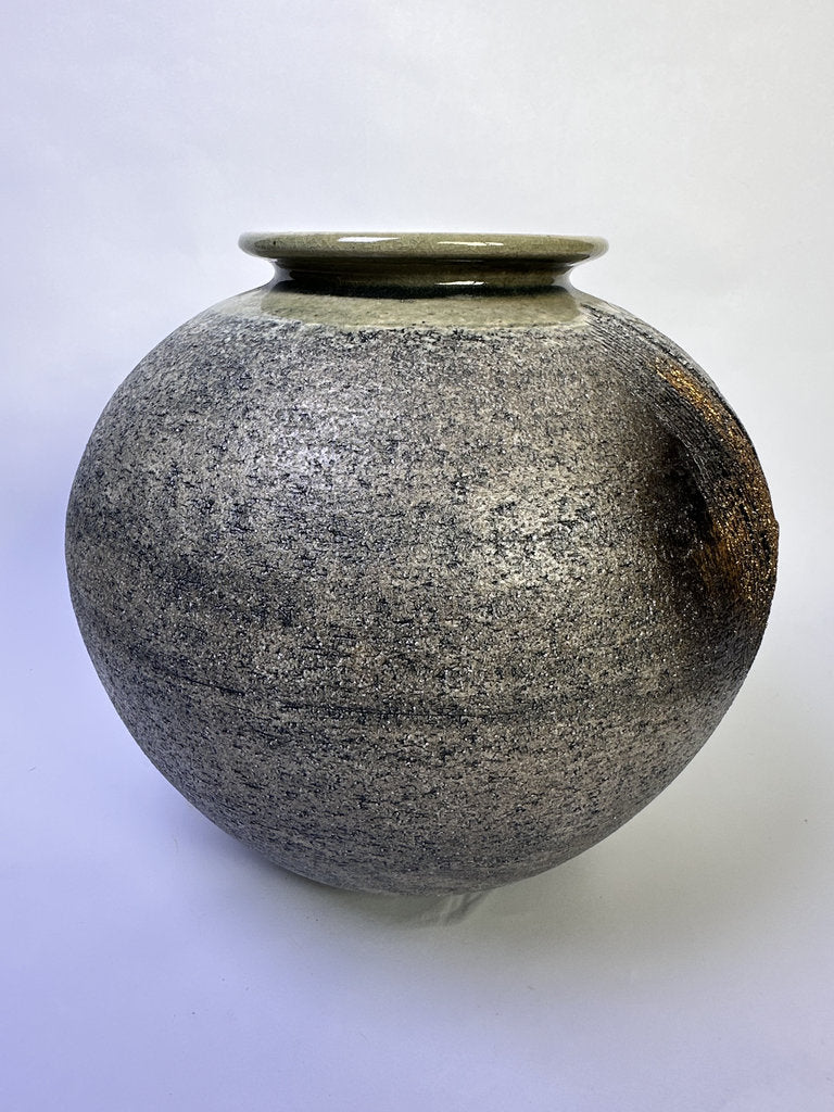 Vintage Japanese Kyoto Studio Vase, Sabi Textured Stoneware, Gold Leaf Kinsai Accents, Ash Drip Rim, Handmade