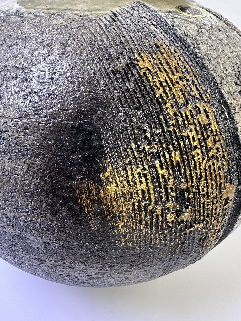 Vintage Japanese Kyoto Studio Vase, Sabi Textured Stoneware, Gold Leaf Kinsai Accents, Ash Drip Rim, Handmade