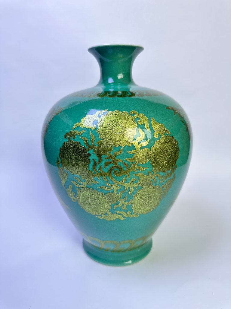 Vintage Japanese Arita Porcelain Vase, Turquoise Green Ground, Gold Hosoge Scrollwork, Meiping Form, Artist Signed