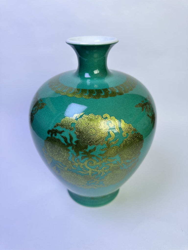 Vintage Japanese Arita Porcelain Vase, Turquoise Green Ground, Gold Hosoge Scrollwork, Meiping Form, Artist Signed
