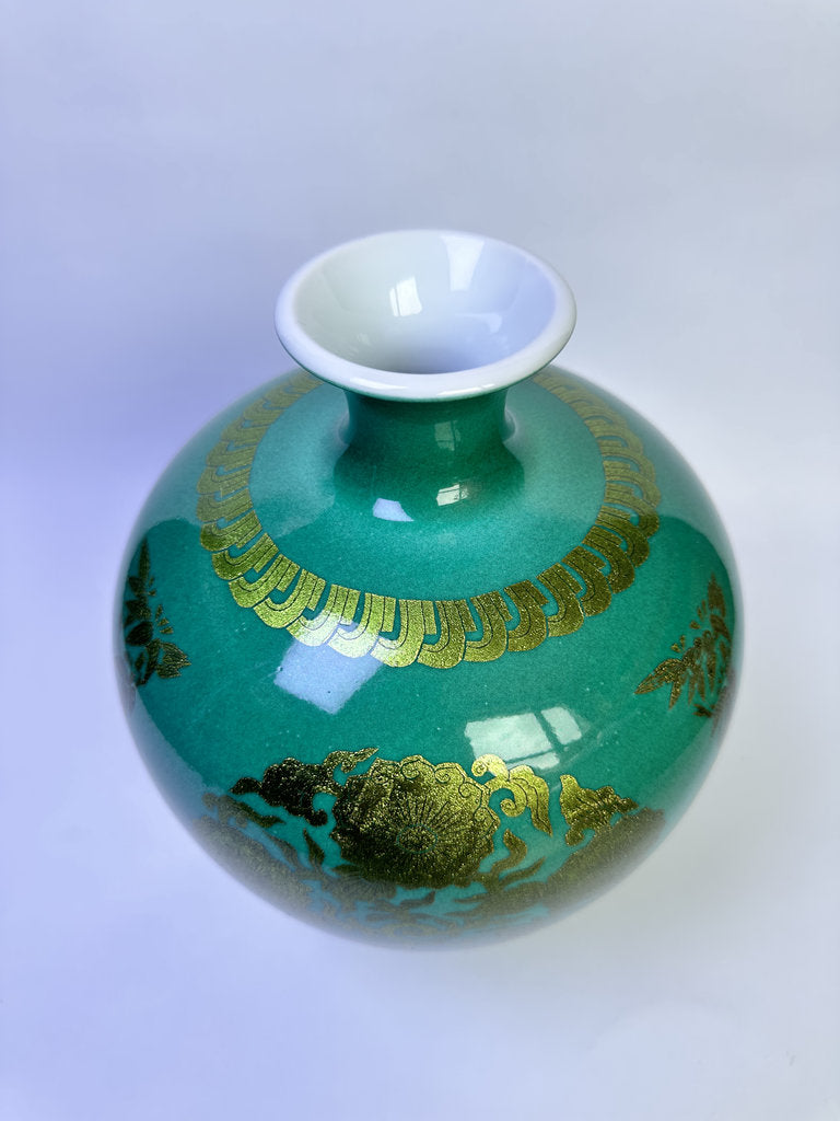 Vintage Japanese Arita Porcelain Vase, Turquoise Green Ground, Gold Hosoge Scrollwork, Meiping Form, Artist Signed