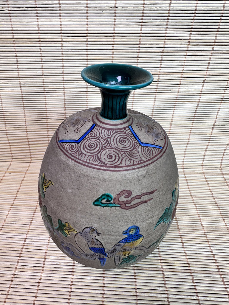 Vintage Japanese Banko-Yaki Stoneware Vase, Hand Painted Bird and Flower Motif, Fuku Seal Mark, Teal Glazed Rim
