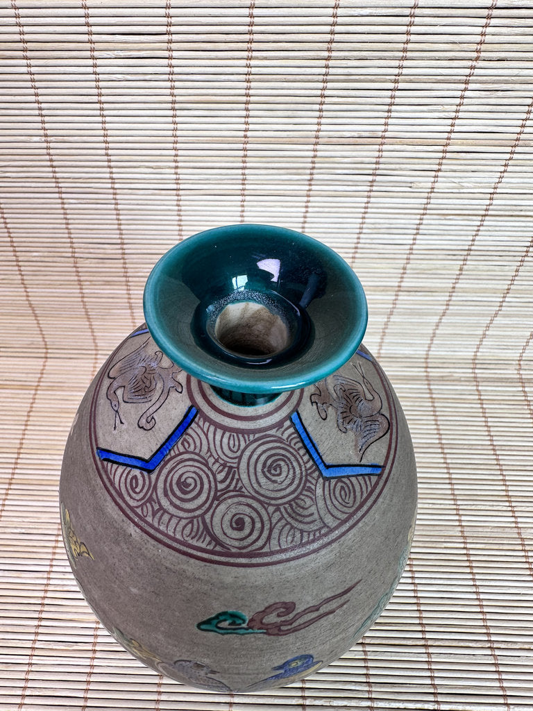 Vintage Japanese Banko-Yaki Stoneware Vase, Hand Painted Bird and Flower Motif, Fuku Seal Mark, Teal Glazed Rim