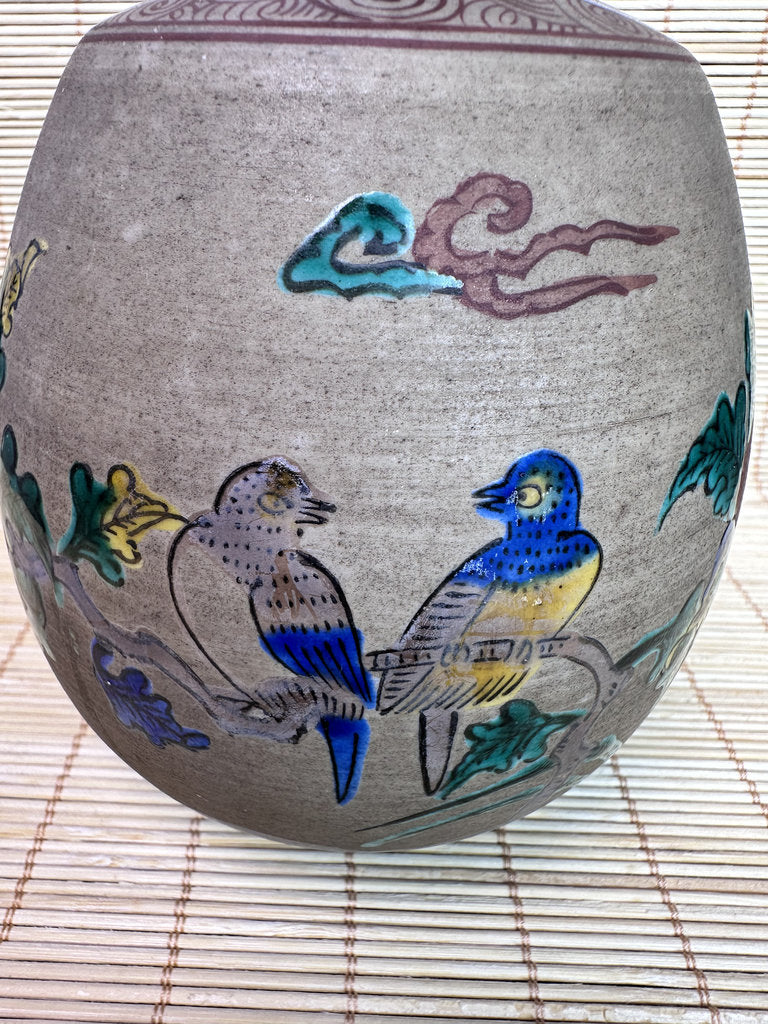 Vintage Japanese Banko-Yaki Stoneware Vase, Hand Painted Bird and Flower Motif, Fuku Seal Mark, Teal Glazed Rim