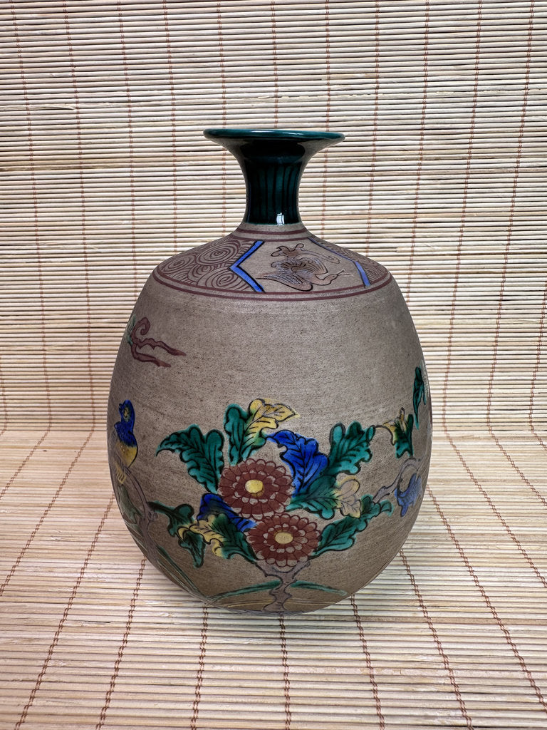 Vintage Japanese Banko-Yaki Stoneware Vase, Hand Painted Bird and Flower Motif, Fuku Seal Mark, Teal Glazed Rim