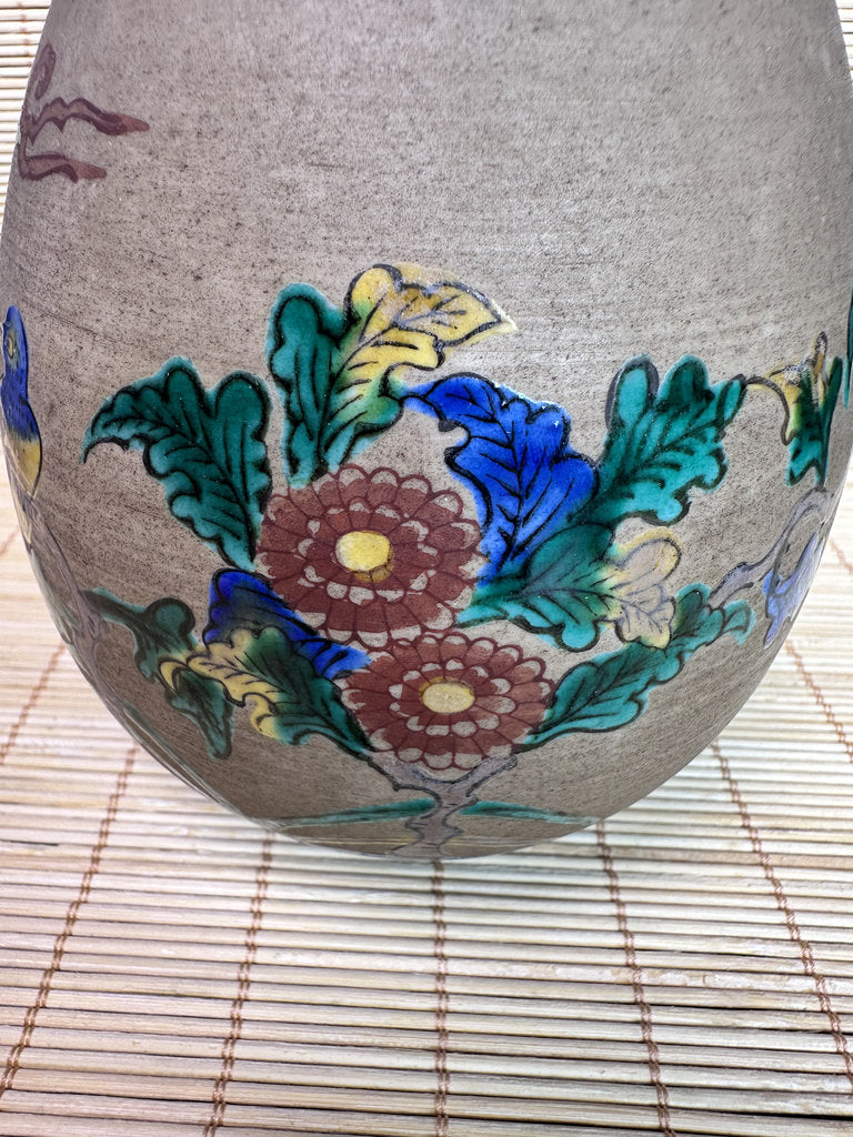 Vintage Japanese Banko-Yaki Stoneware Vase, Hand Painted Bird and Flower Motif, Fuku Seal Mark, Teal Glazed Rim
