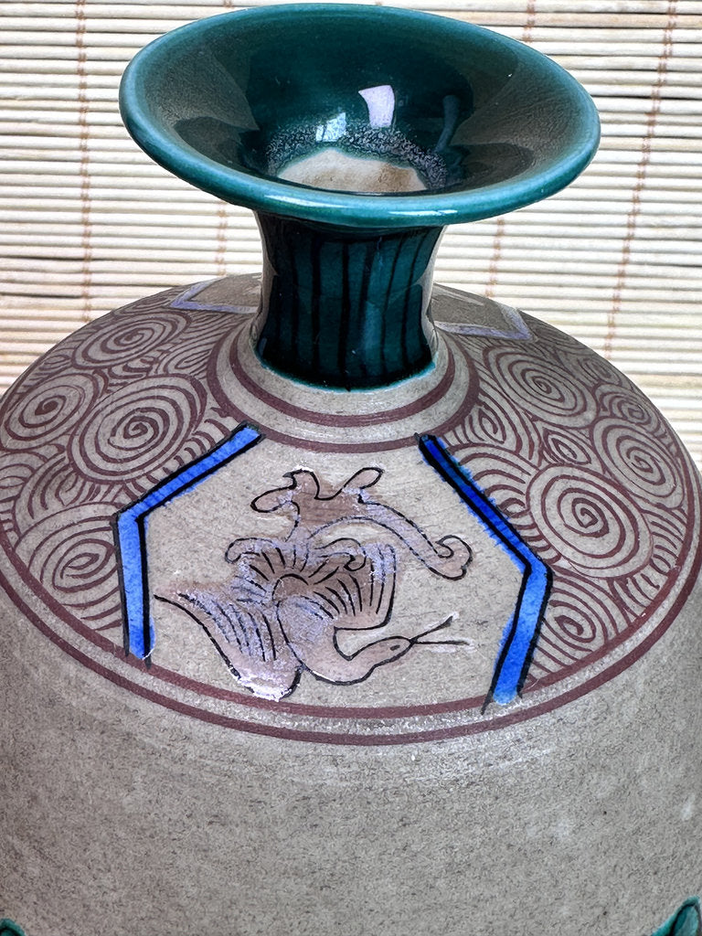 Vintage Japanese Banko-Yaki Stoneware Vase, Hand Painted Bird and Flower Motif, Fuku Seal Mark, Teal Glazed Rim