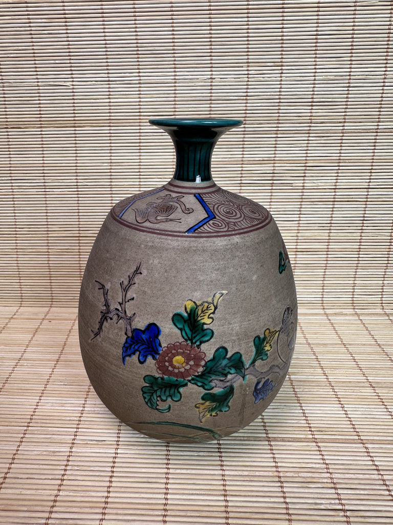 Vintage Japanese Banko-Yaki Stoneware Vase, Hand Painted Bird and Flower Motif, Fuku Seal Mark, Teal Glazed Rim