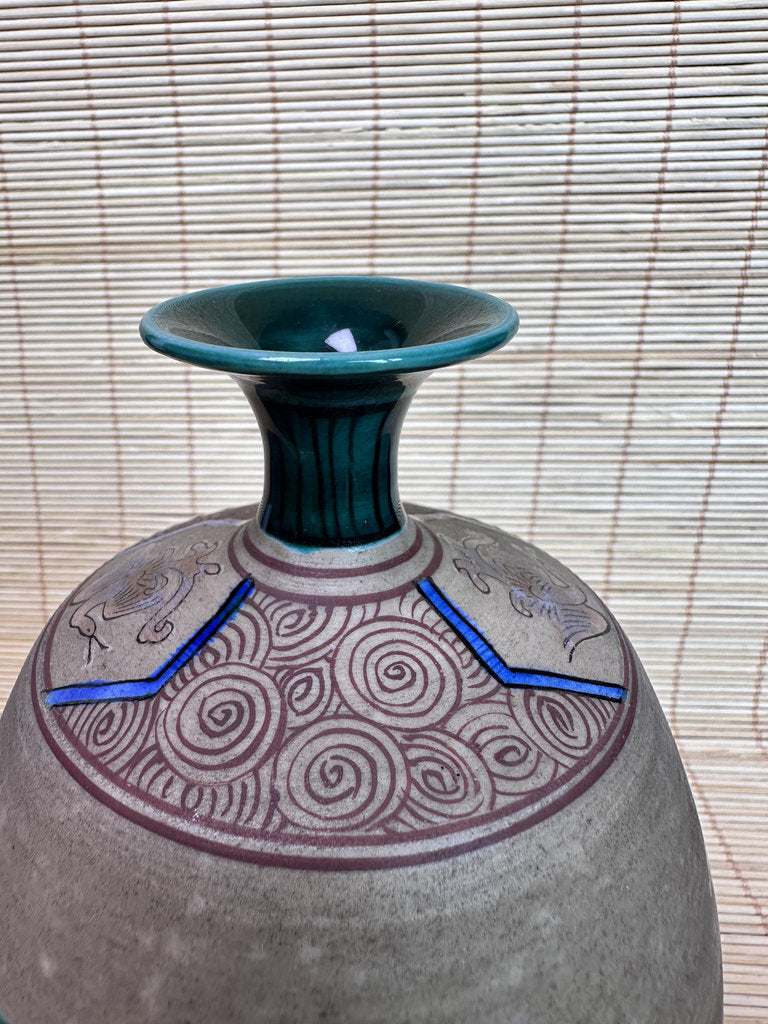 Vintage Japanese Banko-Yaki Stoneware Vase, Hand Painted Bird and Flower Motif, Fuku Seal Mark, Teal Glazed Rim