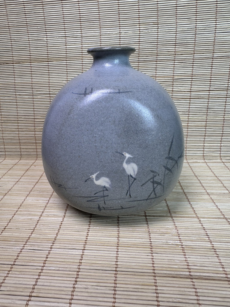 Vintage Japanese Studio Vase, Grey Ash Glaze, Hand Painted Herons in Reeds, Small Ikebana Vase