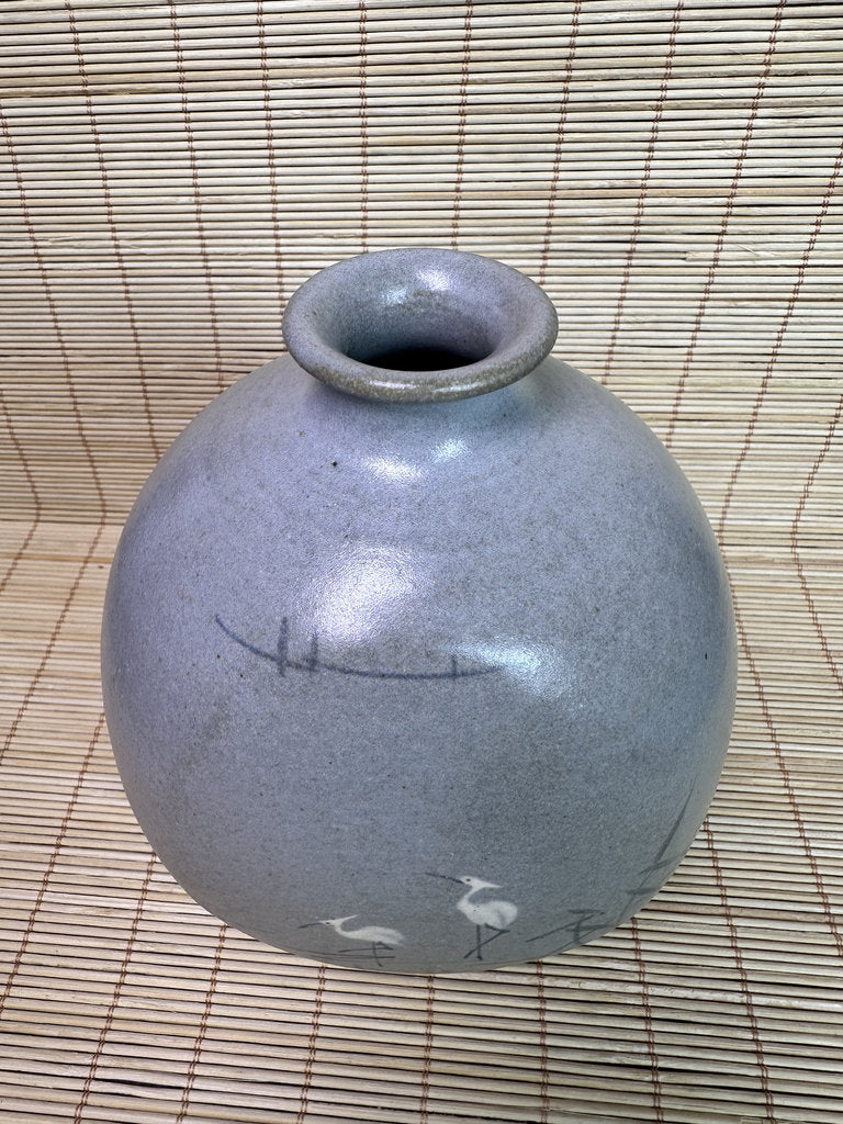 Vintage Japanese Studio Vase, Grey Ash Glaze, Hand Painted Herons in Reeds, Small Ikebana Vase