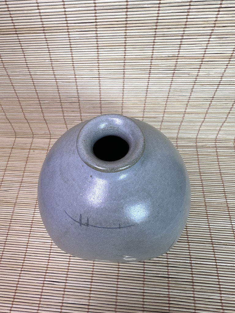 Vintage Japanese Studio Vase, Grey Ash Glaze, Hand Painted Herons in Reeds, Small Ikebana Vase