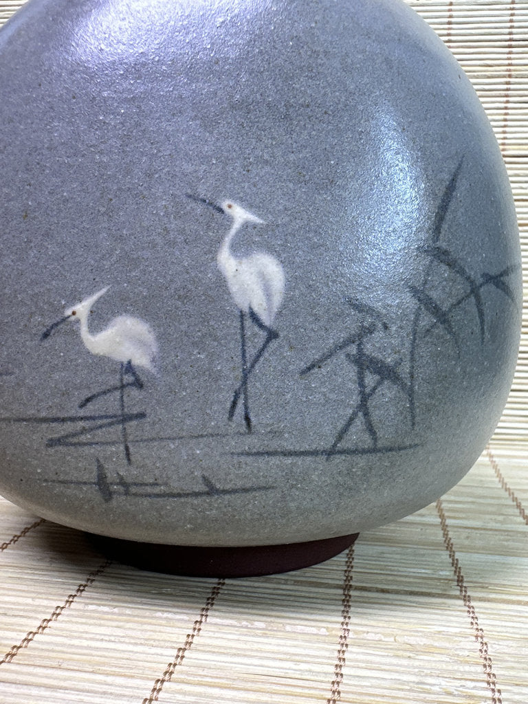 Vintage Japanese Studio Vase, Grey Ash Glaze, Hand Painted Herons in Reeds, Small Ikebana Vase