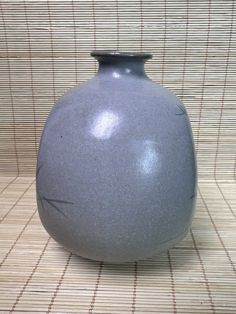 Vintage Japanese Studio Vase, Grey Ash Glaze, Hand Painted Herons in Reeds, Small Ikebana Vase