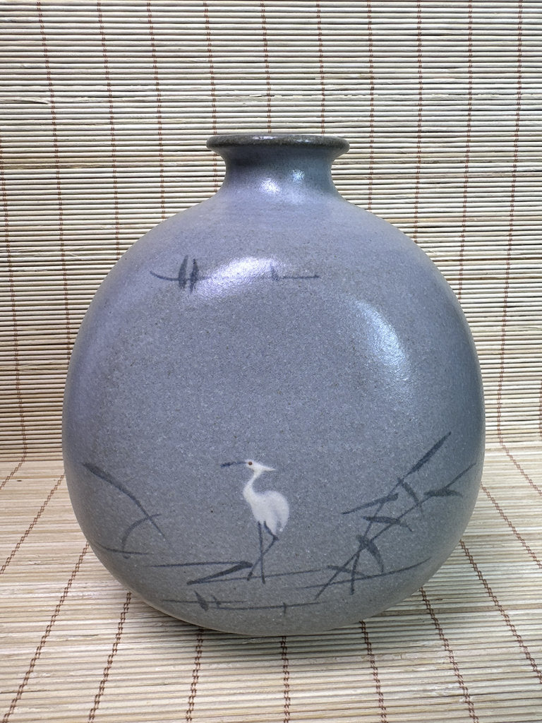 Vintage Japanese Studio Vase, Grey Ash Glaze, Hand Painted Herons in Reeds, Small Ikebana Vase