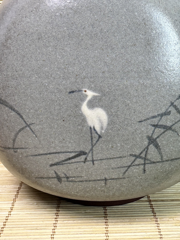 Vintage Japanese Studio Vase, Grey Ash Glaze, Hand Painted Herons in Reeds, Small Ikebana Vase