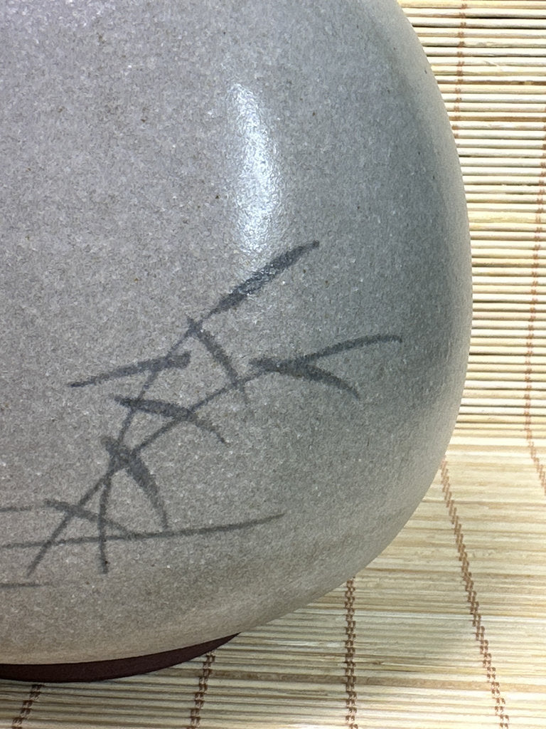 Vintage Japanese Studio Vase, Grey Ash Glaze, Hand Painted Herons in Reeds, Small Ikebana Vase
