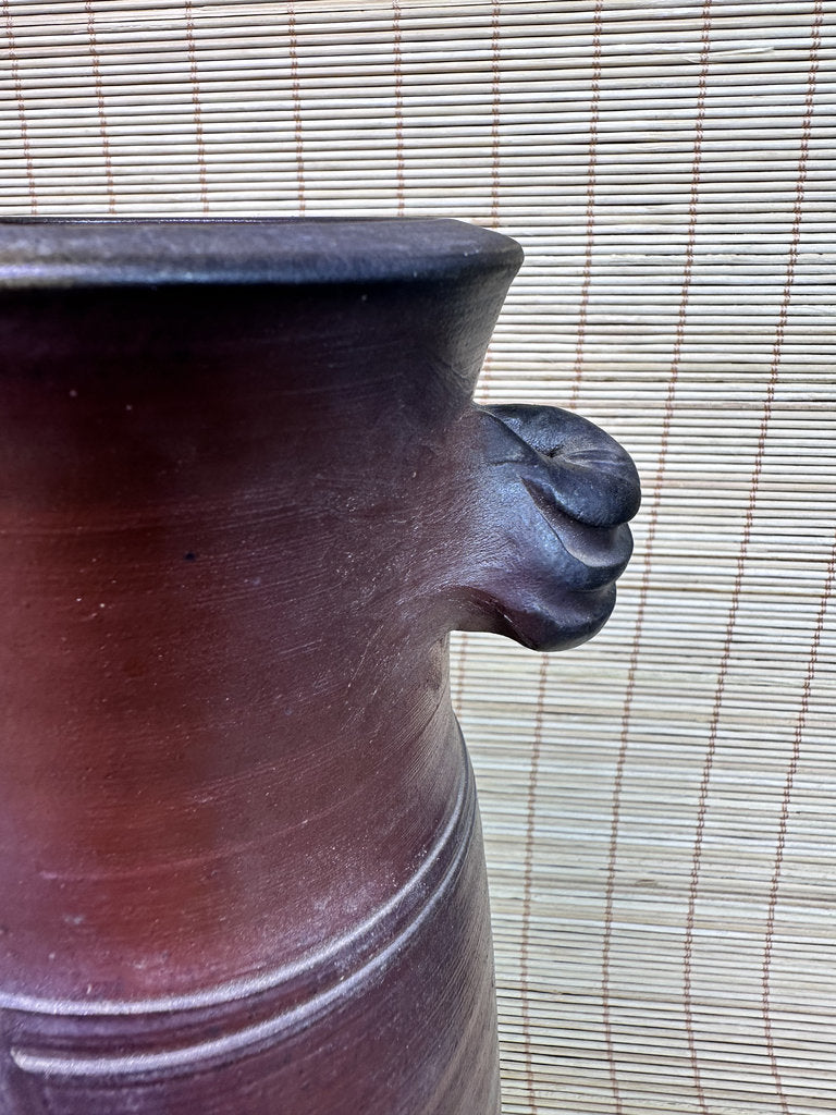 Vintage Japanese Bizen Ware Vase, Mimitsuki Ear Handles, Sangiri Fire Effect, Deep Purple Red, Unglazed Stoneware, Signed Tomobako