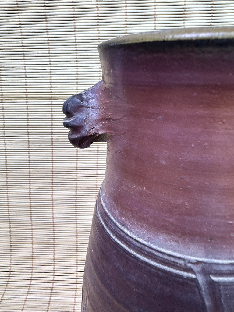 Vintage Japanese Bizen Ware Vase, Mimitsuki Ear Handles, Sangiri Fire Effect, Deep Purple Red, Unglazed Stoneware, Signed Tomobako