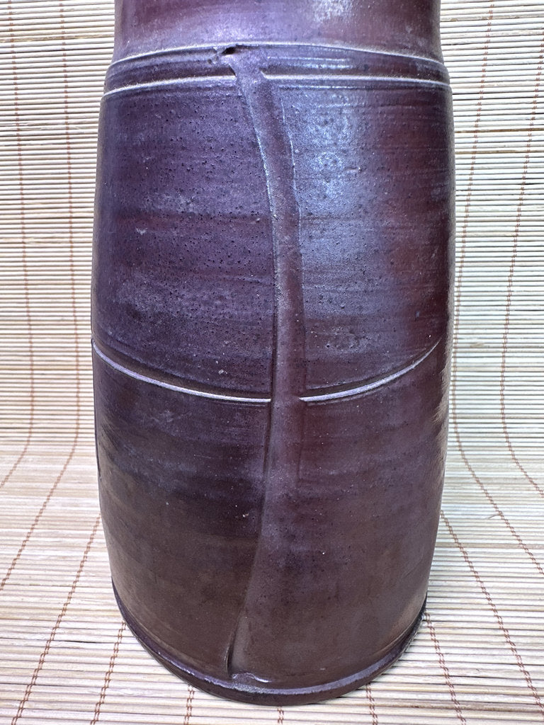 Vintage Japanese Bizen Ware Vase, Mimitsuki Ear Handles, Sangiri Fire Effect, Deep Purple Red, Unglazed Stoneware, Signed Tomobako