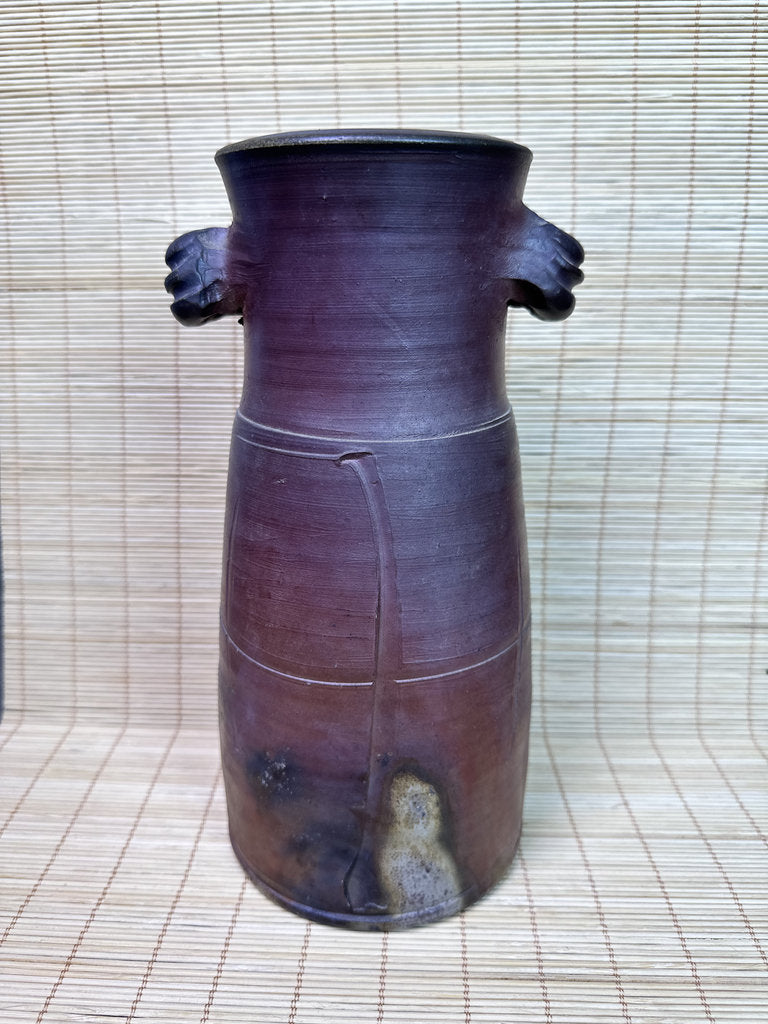 Vintage Japanese Bizen Ware Vase, Mimitsuki Ear Handles, Sangiri Fire Effect, Deep Purple Red, Unglazed Stoneware, Signed Tomobako
