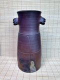 Vintage Japanese Bizen Ware Vase, Mimitsuki Ear Handles, Sangiri Fire Effect, Deep Purple Red, Unglazed Stoneware, Signed Tomobako