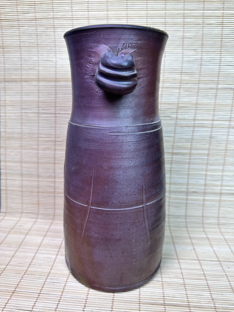 Vintage Japanese Bizen Ware Vase, Mimitsuki Ear Handles, Sangiri Fire Effect, Deep Purple Red, Unglazed Stoneware, Signed Tomobako