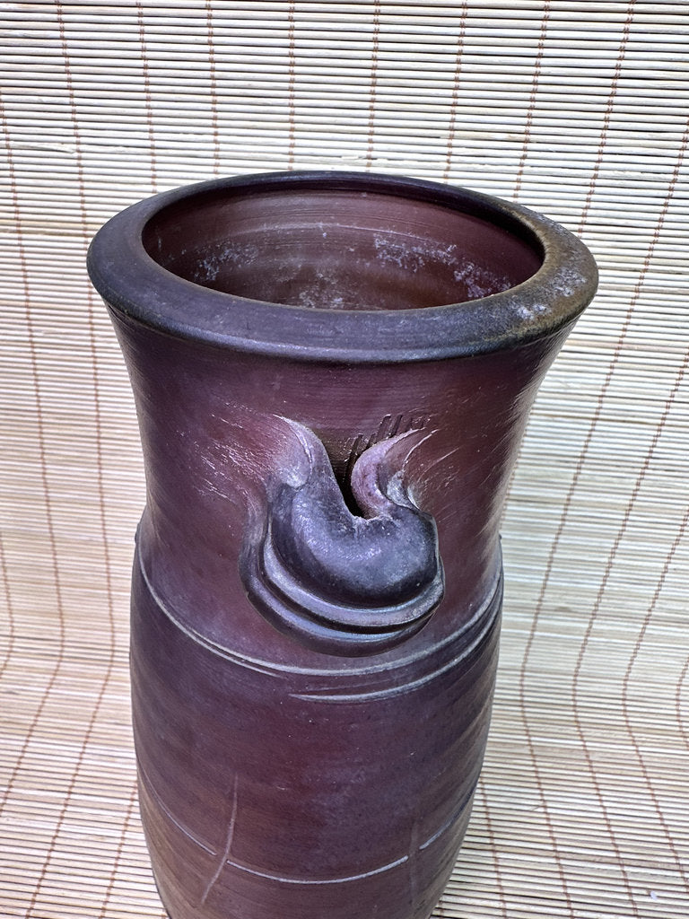 Vintage Japanese Bizen Ware Vase, Mimitsuki Ear Handles, Sangiri Fire Effect, Deep Purple Red, Unglazed Stoneware, Signed Tomobako