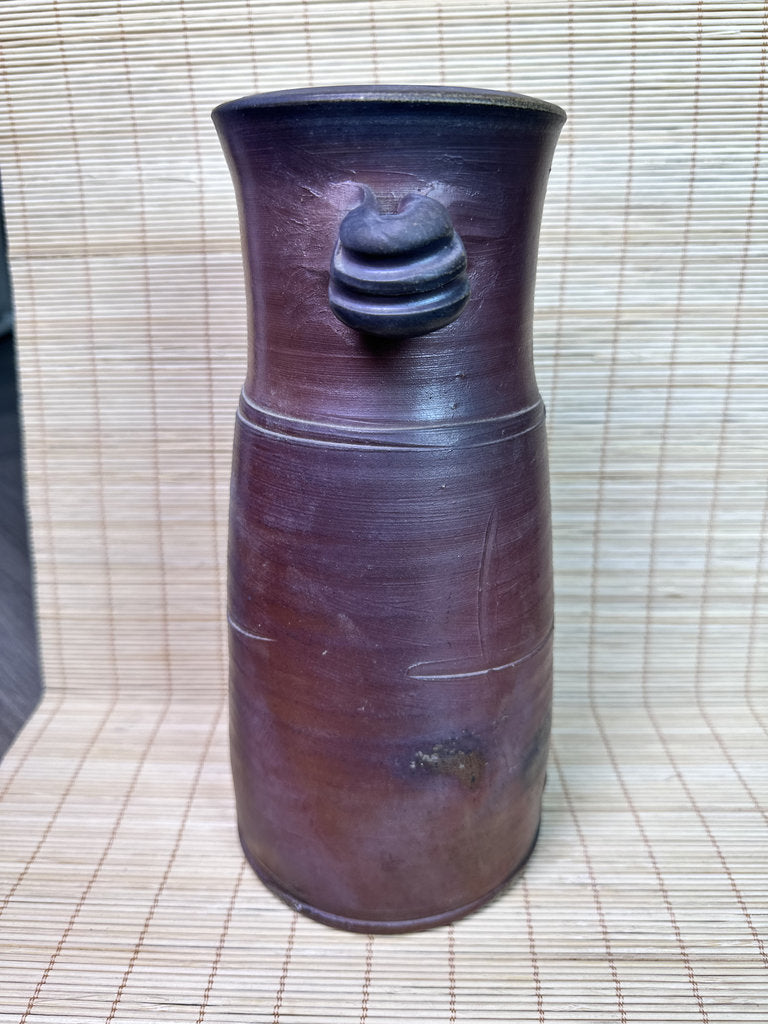 Vintage Japanese Bizen Ware Vase, Mimitsuki Ear Handles, Sangiri Fire Effect, Deep Purple Red, Unglazed Stoneware, Signed Tomobako