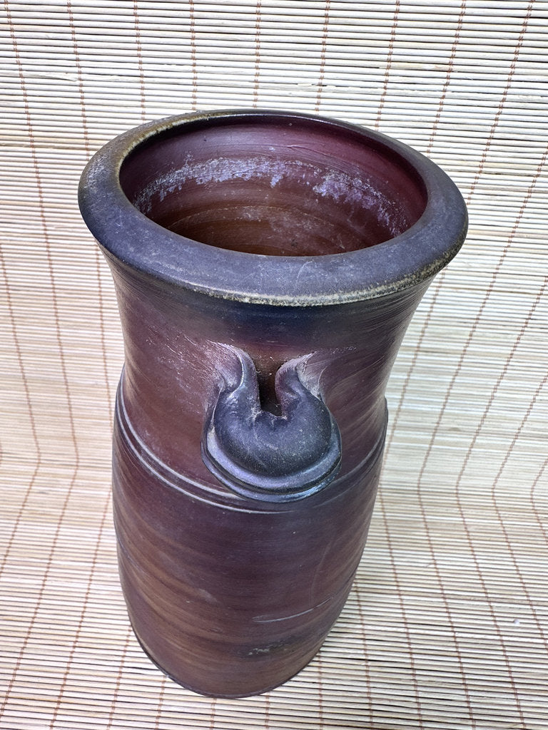 Vintage Japanese Bizen Ware Vase, Mimitsuki Ear Handles, Sangiri Fire Effect, Deep Purple Red, Unglazed Stoneware, Signed Tomobako