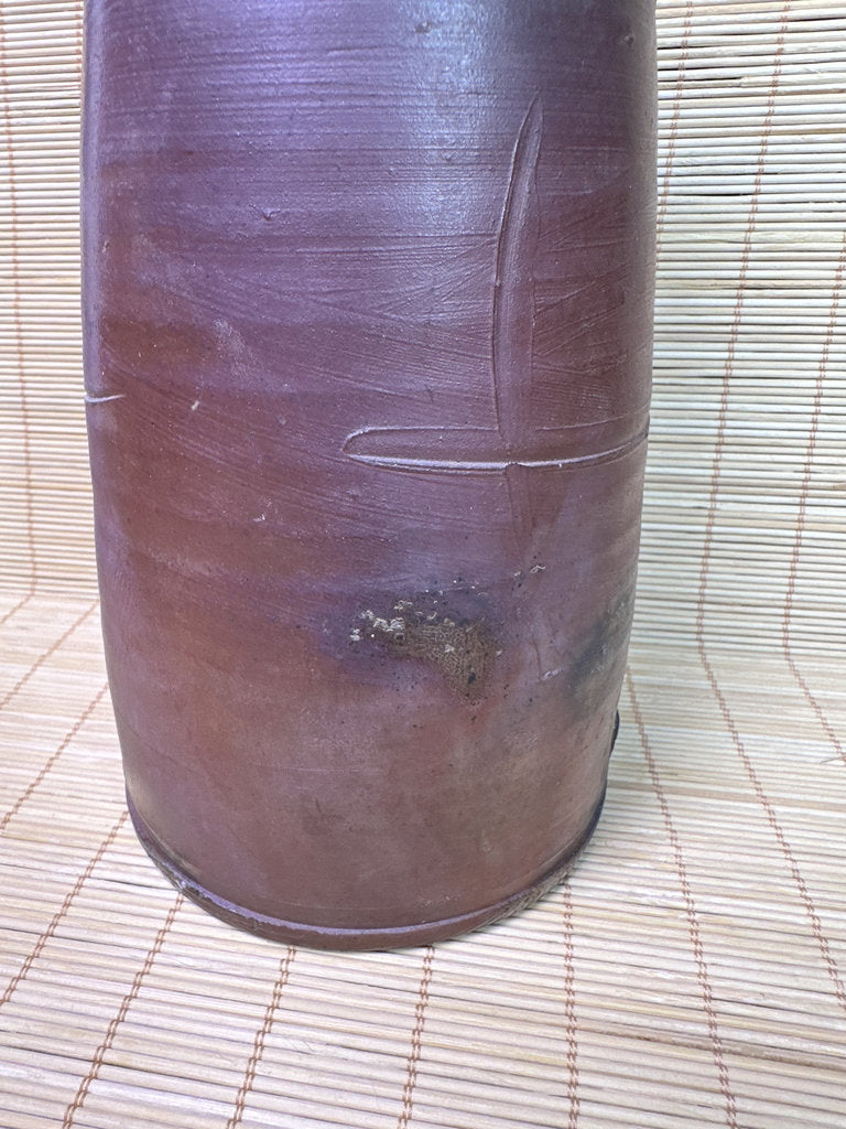 Vintage Japanese Bizen Ware Vase, Mimitsuki Ear Handles, Sangiri Fire Effect, Deep Purple Red, Unglazed Stoneware, Signed Tomobako