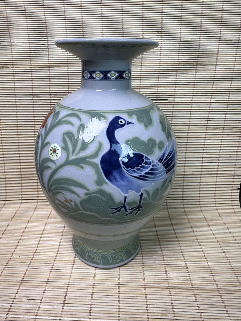 Vintage Japanese Kutani Porcelain Vase, Peacock Motif, Celadon Crackle Glaze, Raised Moriage Flowers, Miyama Kiln Signed