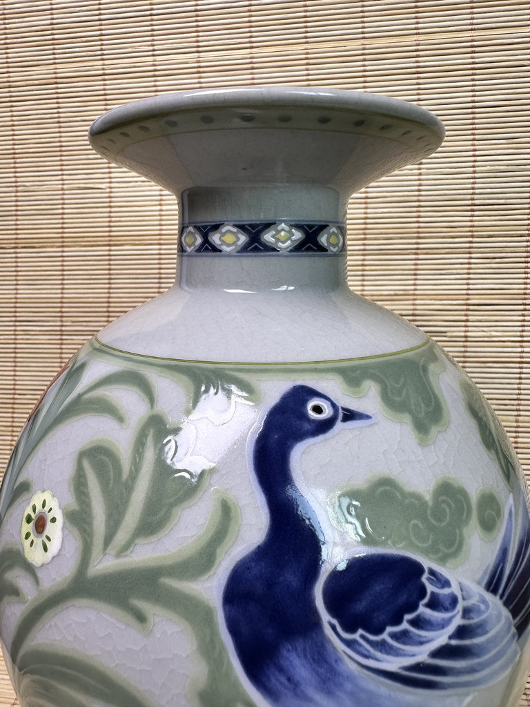 Vintage Japanese Kutani Porcelain Vase, Peacock Motif, Celadon Crackle Glaze, Raised Moriage Flowers, Miyama Kiln Signed