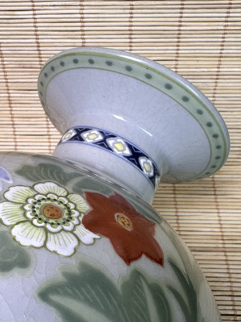 Vintage Japanese Kutani Porcelain Vase, Peacock Motif, Celadon Crackle Glaze, Raised Moriage Flowers, Miyama Kiln Signed