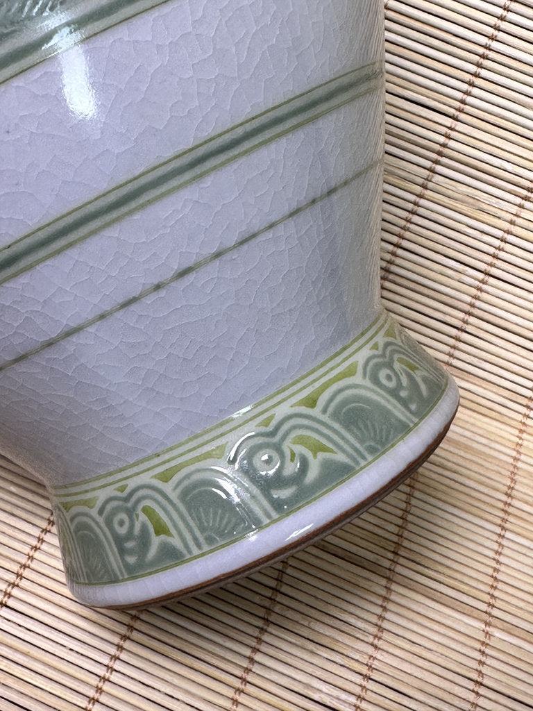Vintage Japanese Kutani Porcelain Vase, Peacock Motif, Celadon Crackle Glaze, Raised Moriage Flowers, Miyama Kiln Signed