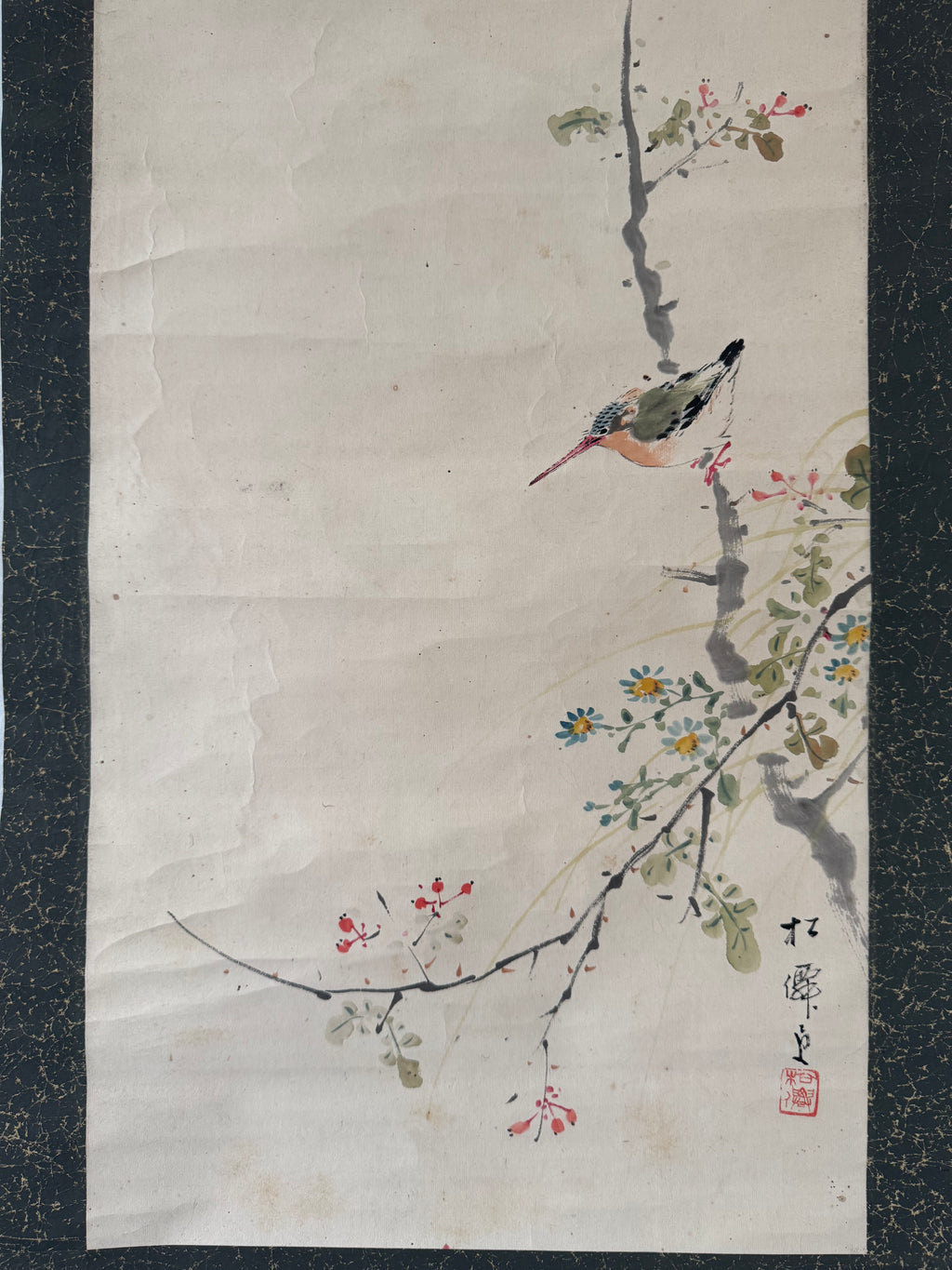 Vintage Japanese Calligraphy & Bird Hanging Scroll