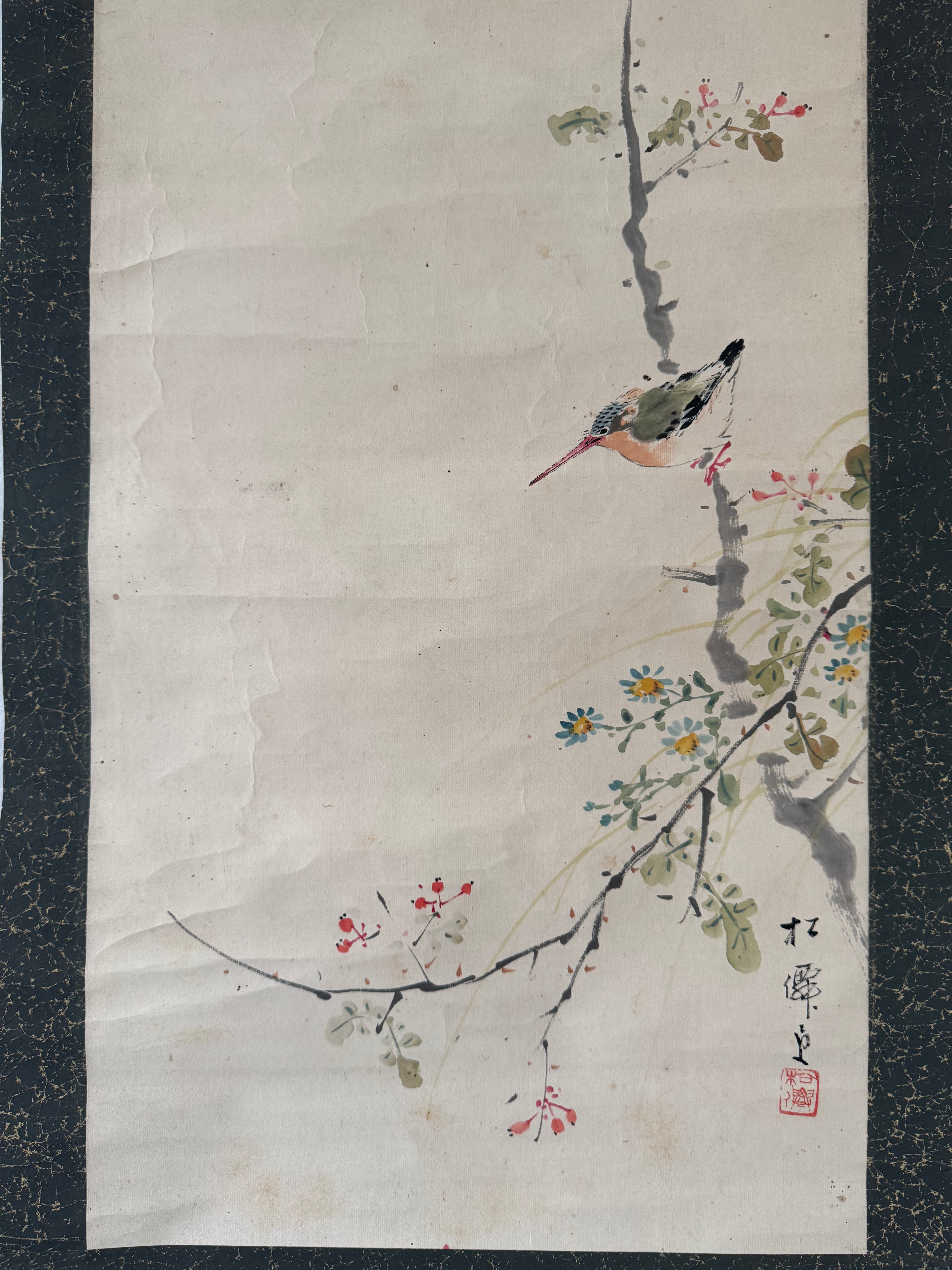 Vintage Japanese Calligraphy & Bird Hanging Scroll
