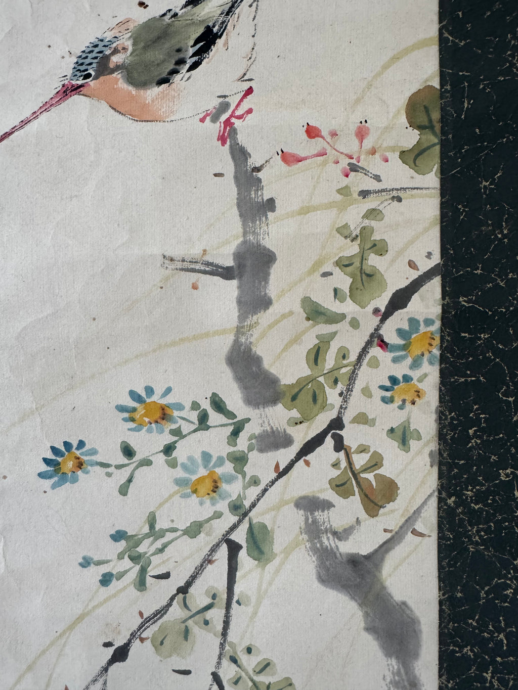Vintage Japanese Calligraphy & Bird Hanging Scroll