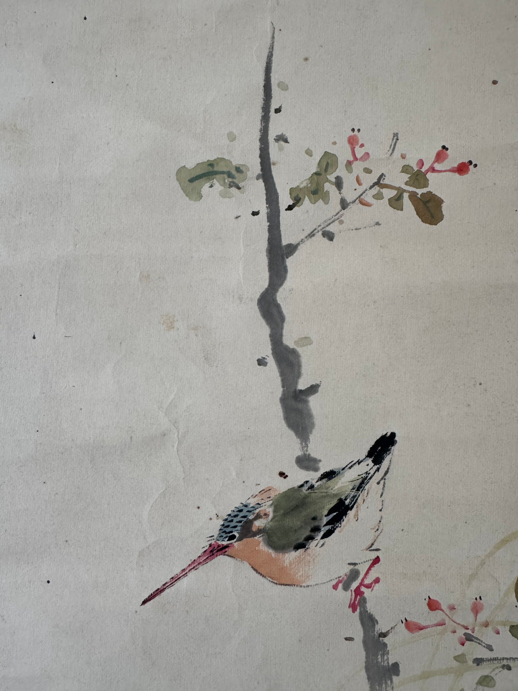 Vintage Japanese Calligraphy & Bird Hanging Scroll