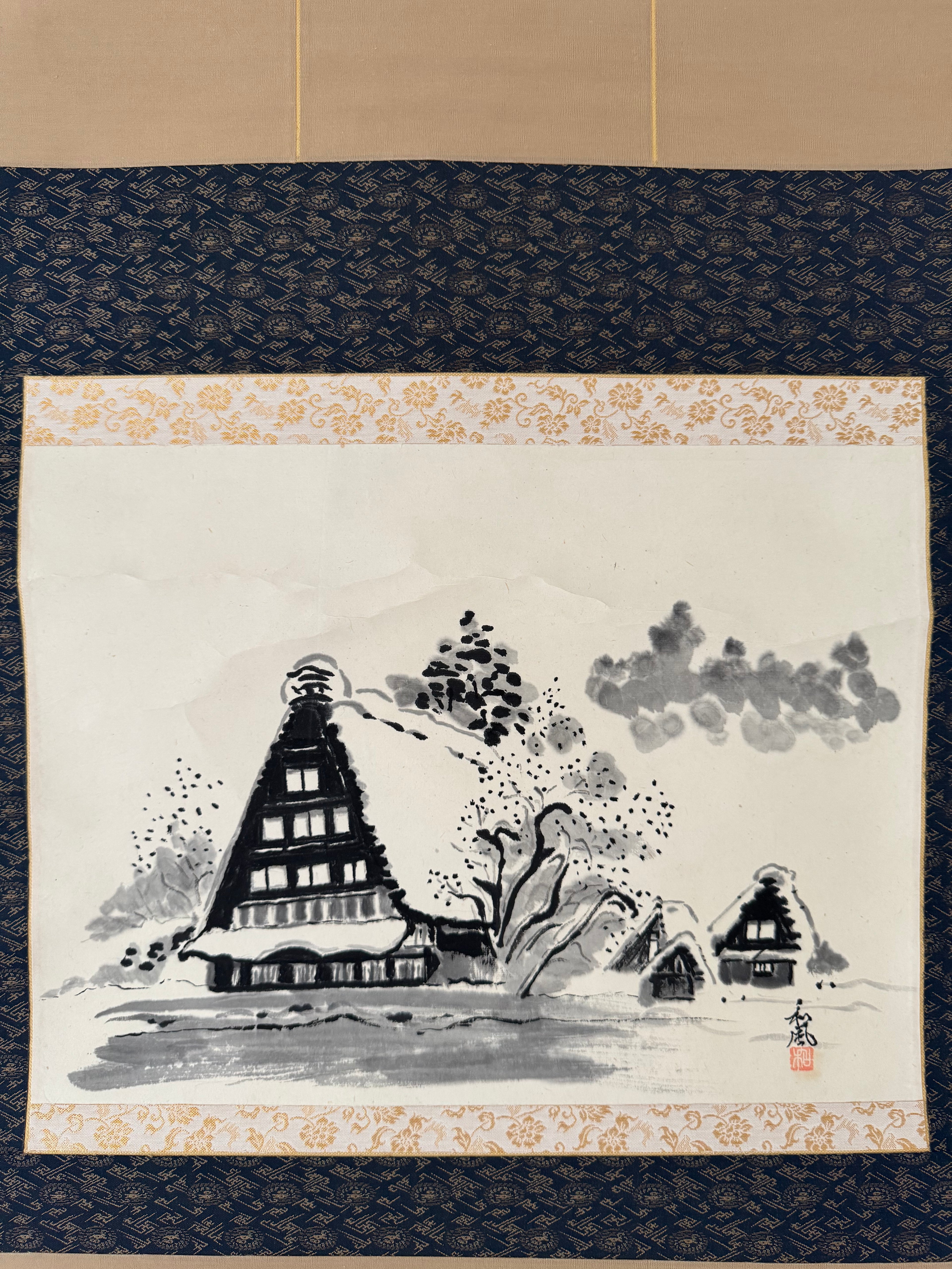 Vintage Japanese Ink Landscape Hanging Scroll – Mountain Village & Traditional Farmhouses