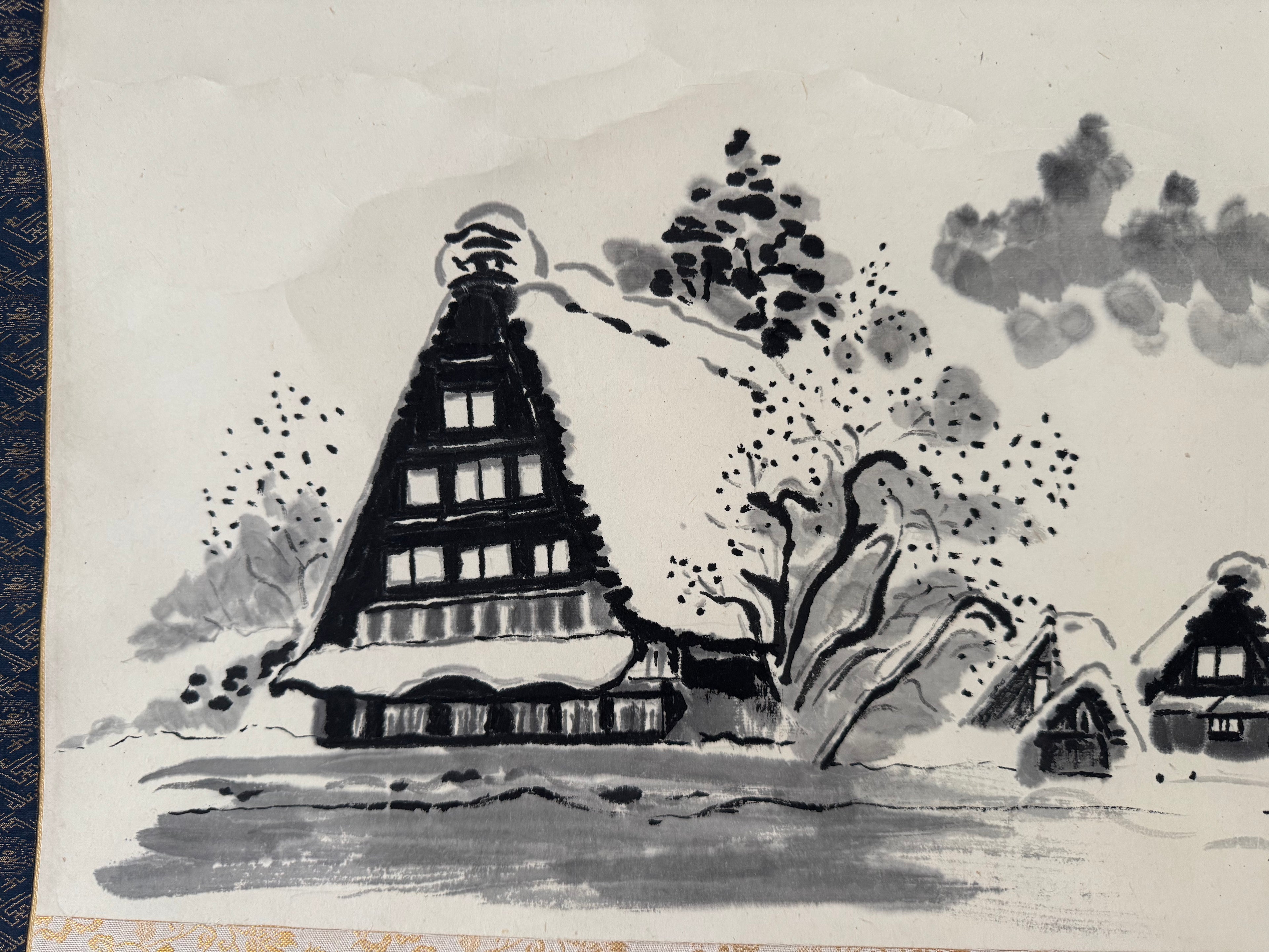 Vintage Japanese Ink Landscape Hanging Scroll – Mountain Village & Traditional Farmhouses