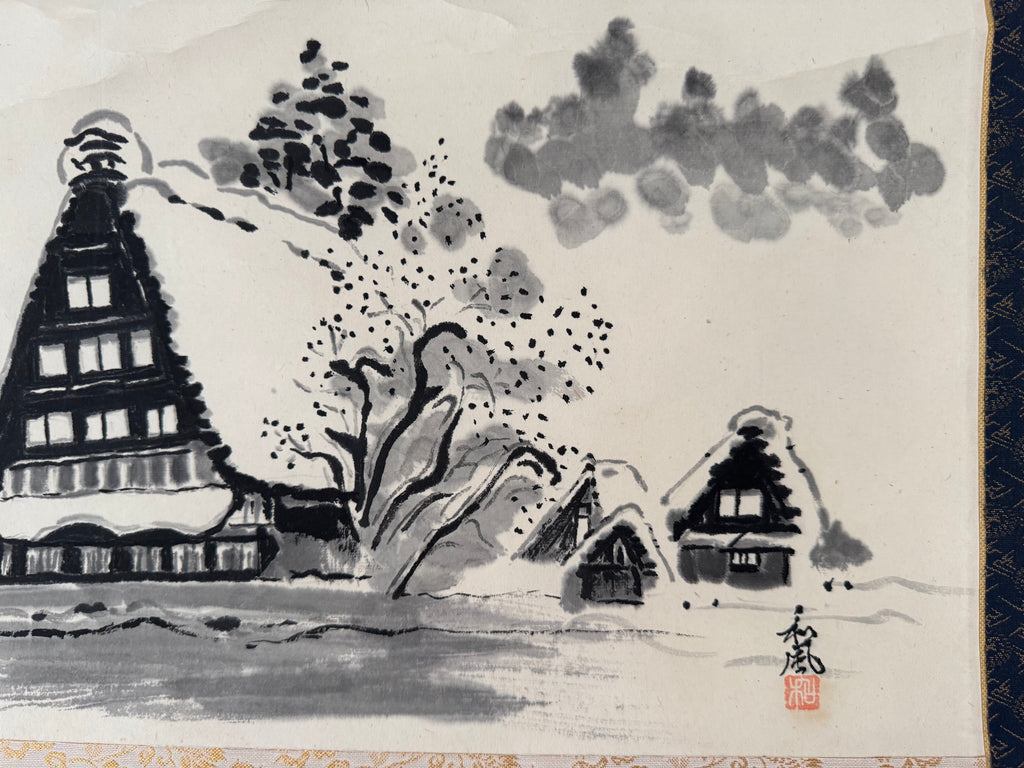 Vintage Japanese Ink Landscape Hanging Scroll – Mountain Village & Traditional Farmhouses