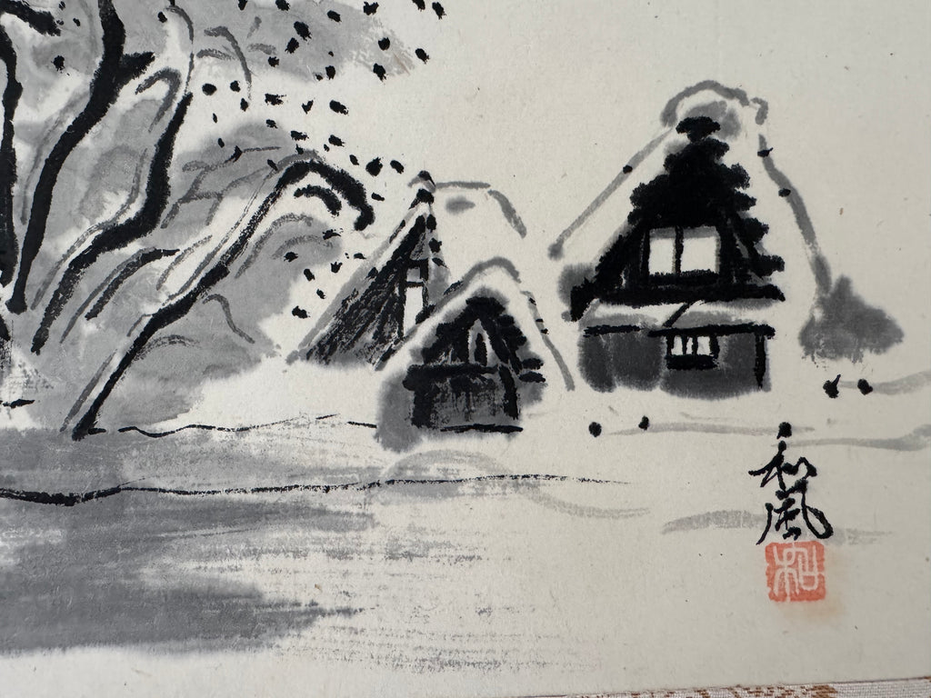 Vintage Japanese Ink Landscape Hanging Scroll – Mountain Village & Traditional Farmhouses