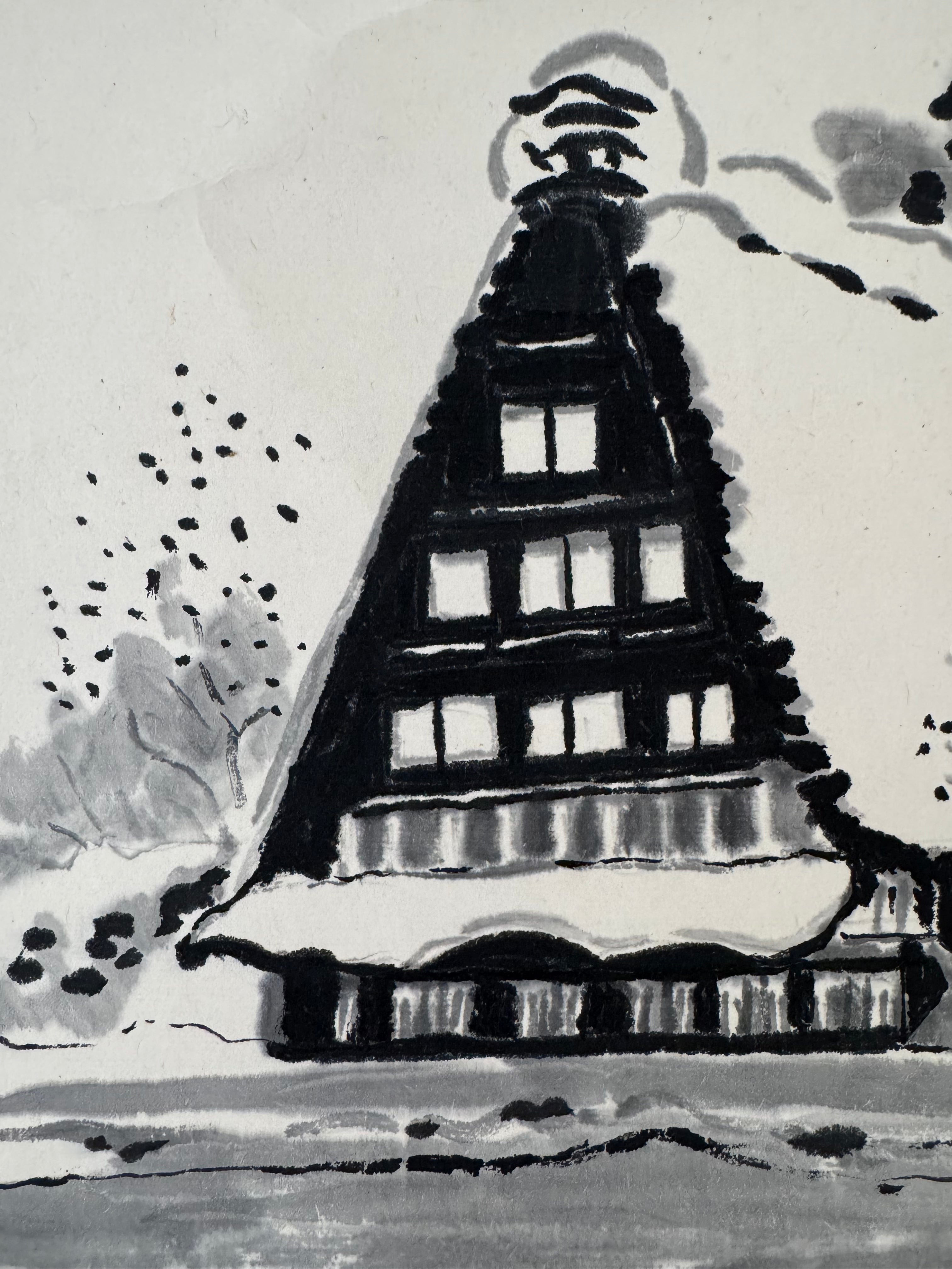 Vintage Japanese Ink Landscape Hanging Scroll – Mountain Village & Traditional Farmhouses