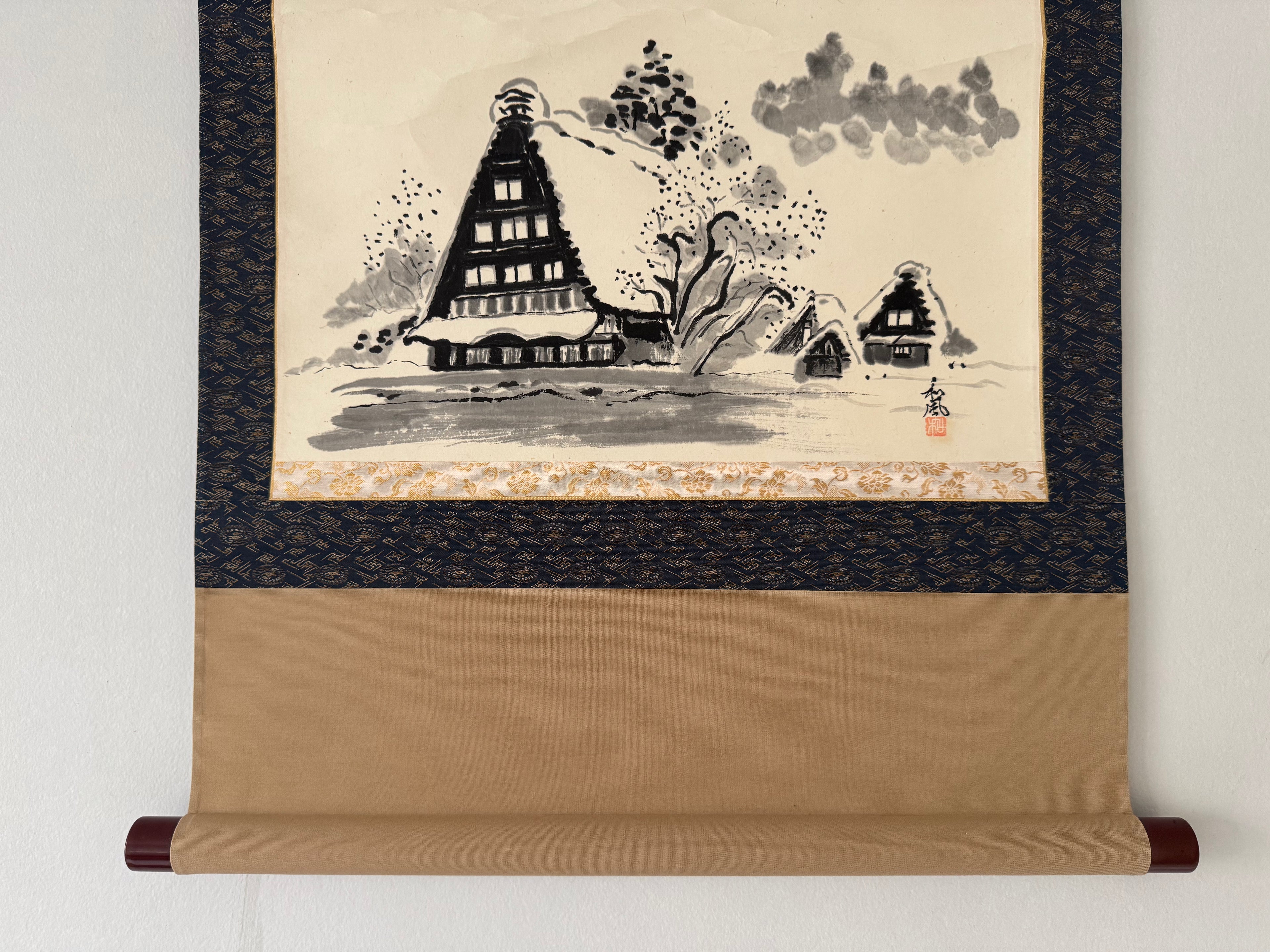 Vintage Japanese Ink Landscape Hanging Scroll – Mountain Village & Traditional Farmhouses