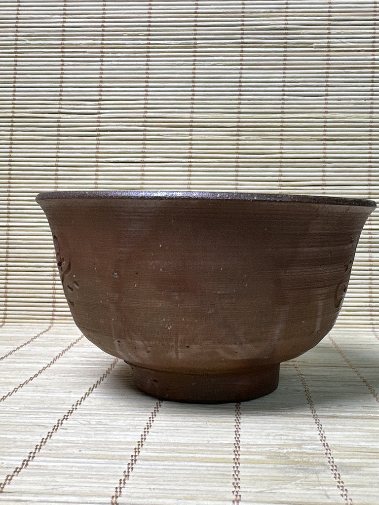 Vintage Japanese Bizen Chawan, Wood Fired Tea Bowl, Dark Fire Rim, Double Artist Seal, Unglazed Stoneware