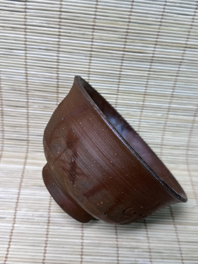 Vintage Japanese Bizen Chawan, Wood Fired Tea Bowl, Dark Fire Rim, Double Artist Seal, Unglazed Stoneware